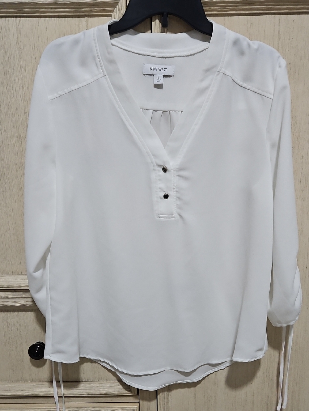 Nine West White V-Neck Henley Blouse